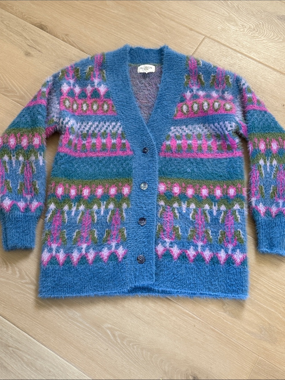 Allison New York Alma Cardigan XS Fuzzy Fair Isle Mohair Blend Grandpa Sweater
